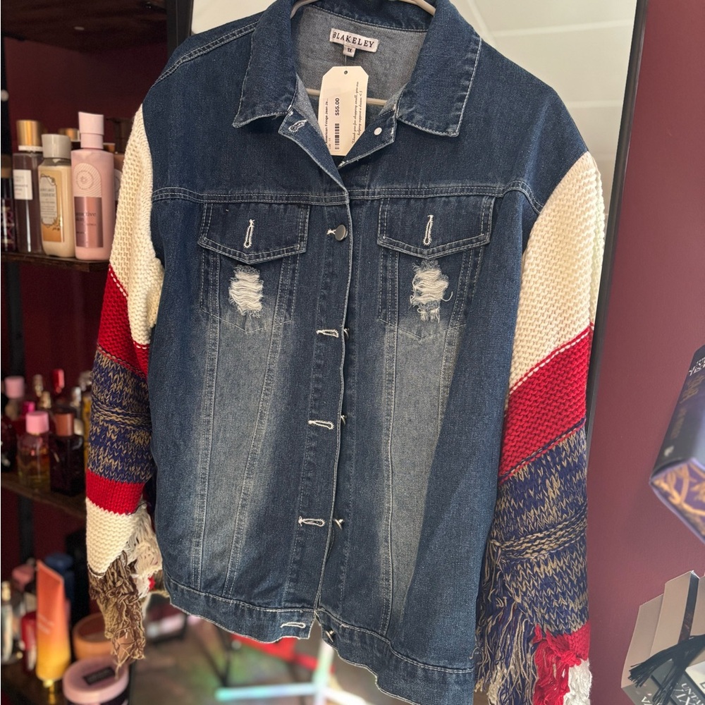 Blakeley Women's Denim Jacket with Colorful Fringe Knit Sleeves